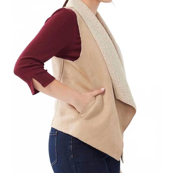 NEW FDJ faux suede sherpa lined vest in tan - Picture 4 of 5